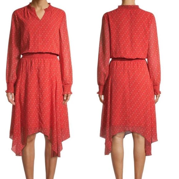 Time & Tru red Orange print Long Sleeve Handkerchief Dress M 8-10 - Picture 1 of 9